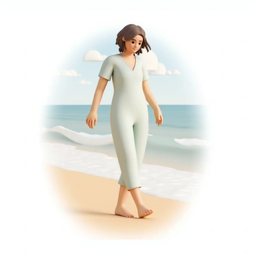 A person, wearing a light, breezy jumpsuit in a soft pastel color, is walking along the beach with bare feet. The person has light brown hair flowing gently in the breeze. Their toes are sinking into the warm, golden sand as they take each step. The sun casts a soft glow, highlighting the waves gently lapping at the shore in the background. The sky is clear with a few wispy clouds, creating a serene atmosphere.