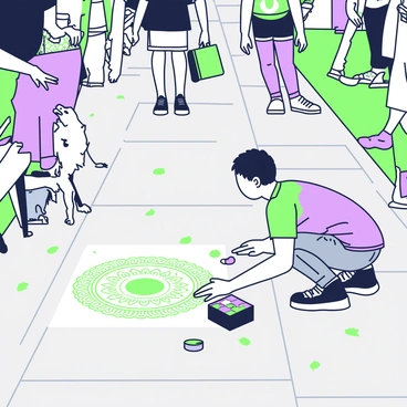 A street artist is crouched down on a busy sidewalk, focused on creating a chalk illustration. The artist has short hair and is wearing a colorful t-shirt and jeans. In front of them, vibrant chalk pieces are spread out in a small box. The illustration on the ground depicts a large, intricate mandala with repeating circular patterns. Around the artist, passersby are stopping to observe, some leaning closer to get a better look. The sidewalk is made of gray concrete and there are a few scattered leaves nearby. To the side, a small dog watches curiously while a coffee cup sits on a nearby bench.