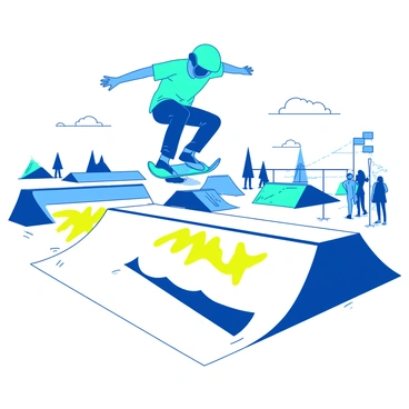 A blue skateboarder is performing a mid-air flip trick above a white half-pipe in a skatepark. The skateboarder is wearing a teal helmet and has their arms outstretched for balance. There are bright yellow graffiti designs on the half-pipe's surface, and the sun is shining, casting sharp shadows on the ground. In the background, there are various colorful ramps and a group of spectators watching the trick with excitement.