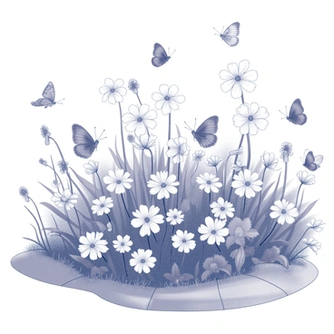 A lush garden filled with numerous flowers of various shapes and sizes. The flowers are in full bloom, displaying intricate details in their petals. Different species of butterflies are fluttering around the garden, showcasing detailed wing patterns as they move gracefully from flower to flower. The scene includes patches of grass and perhaps a stone pathway that winds through the garden, inviting exploration. The overall composition presents a lively interaction between the flora and fauna within the garden.