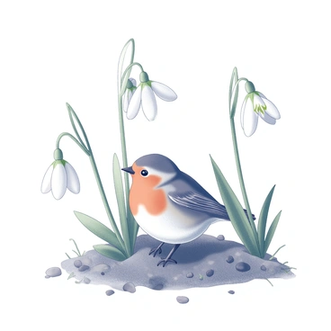A robin resting among delicate snowdrops in early spring. The robin is perched quietly, its round body and distinct orange-red breast contrasting with the white petals of the snowdrops. The flowers are gently swaying, with slender green stems supporting their drooping blossoms. Soft, fresh green foliage surrounds the flowers, creating a serene setting. The robin is looking slightly to the side, its head tilted as if observing its surroundings. The ground is lightly covered with fallen leaves and tiny twigs, adding texture to the scene.