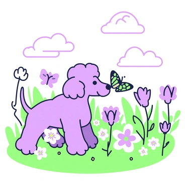 A curious poodle watching colorful butterflies in a flower-filled meadow