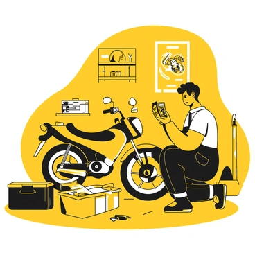 A mechanic kneeling down beside a motorcycle, focused on testing its battery with a multimeter. The mechanic is wearing a yellow shirt and black overalls. The motorcycle is parked on a concrete surface, and a toolbox is open nearby, filled with various tools. The multimeter is held in the mechanic's hands, with its probes connected to the battery terminals. The background includes a workbench with more tools and a vintage motorcycle poster on the wall.