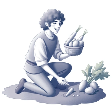 A cheerful hobbit is kneeling in a garden, picking ripe carrots and potatoes from the soil. The hobbit has curly hair and is wearing a simple tunic and trousers. In one hand, he holds a freshly pulled carrot, while in the other, he cradles a small basket filled with potatoes. His face is adorned with a big smile, showcasing his enjoyment of the harvest. The garden is lush, with green leaves and earthy soil surrounding the hobbit, creating a sense of abundance and hard work.
