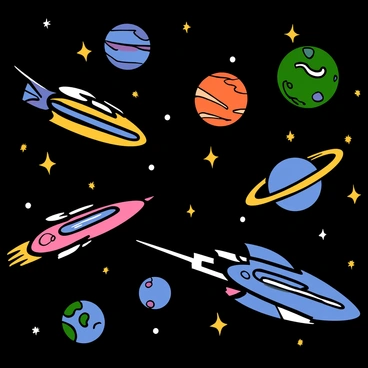 A dynamic scene featuring an exciting anime space race. Futuristic vehicles with sleek designs and vibrant colors zoom past various planets with distinct features, like rings and lush landscapes. The backdrop is filled with bright stars twinkling in the dark expanse of space. Each vehicle has glowing trails behind them, showcasing their speed and agility. Some vehicles have wings or thrusters, while others have unique shapes that make them stand out. The planets are rendered in rich colors, creating a vivid contrast with the deep blue and black of space.