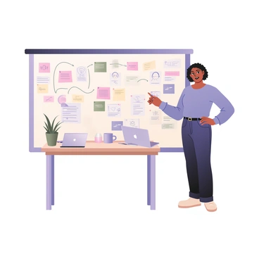 A digital flat illustration depicting an entrepreneur standing in front of a large whiteboard filled with various colorful ideas and diagrams. The entrepreneur is a woman with medium skin, short curly hair, wearing a light blue blouse and dark jeans. She is holding a marker in her right hand and is smiling as she points at a flowchart. The whiteboard is covered with sticky notes in shades of pink, yellow, and green, along with sketches and arrows connecting different concepts. A laptop sits on a desk nearby, with a coffee mug beside it. The background is an office space with bright lighting and a plant in the corner.