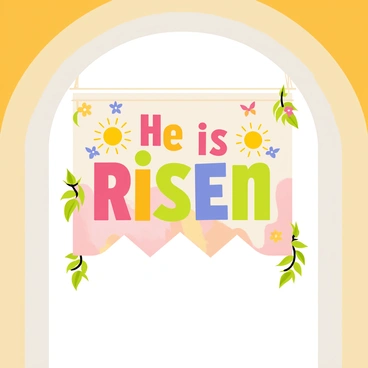 A colorful banner hanging from the ceiling of a church. The banner features the message "He is Risen" in bold, vibrant letters. The background of the banner is a gradient of pastel colors, blending softly from yellow to pink. Surrounding the text are decorative Easter symbols, including a bright yellow sun, blooming flowers in various colors, and delicate butterflies. The edges of the banner are adorned with leafy vines, adding a natural touch to the festive design. The overall scene captures a joyful and uplifting atmosphere within the church setting.