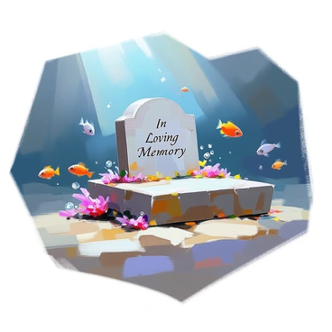 A submerged tombstone is resting on the sandy ocean floor, partially covered in seaweed. The stone is weathered and cracked, bearing an inscription that reads "In Loving Memory" in faded letters. Around it, small fish of various colors and sizes swim gracefully through the murky water. The sea is dimly lit, with rays of sunlight filtering through the surface, creating soft shadows. Bubbles rise gently from the tombstone, adding to the stillness of the scene. The overall atmosphere evokes a sense of tranquility in this underwater setting.