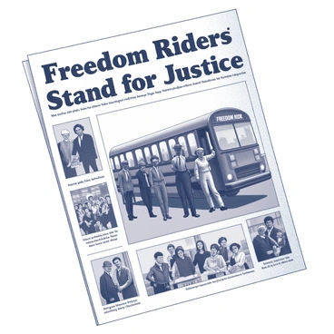 A black and white vintage newspaper page featuring the bold headline "Freedom Riders Stand for Justice." Below the headline, there is an image depicting a diverse group of individuals, both men and women, boarding a bus. They are dressed in 1960s attire, including hats and jackets. The bus is adorned with the words “Freedom Ride” displayed prominently on its side. Surrounding the main image are smaller photographs capturing moments from the journey, such as activists sitting in segregated spaces, peaceful demonstrations, and interactions with law enforcement. The page has an aged texture, giving it an authentic historical appearance.