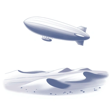 An airship is floating silently in the sky. The structure of the airship features a large, elongated body with a rounded bulbous section and a small gondola hanging below it. Below, there is a vast desert landscape stretching as far as the eye can see. The desert is characterized by rolling sand dunes, creating smooth curves and sharp peaks. The ground is textured with ripples formed by the wind, while scattered patches of desert vegetation can be seen, adding detail to the arid environment. The setting conveys a sense of isolation and vastness.