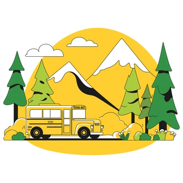 An electric school bus is moving along a winding mountain road. The bus is yellow, with large windows and a sign indicating it is a school bus. In the background, tall mountains rise with rugged peaks and patches of white snow. There are green trees lining the sides of the road, with a few clusters of wildflowers scattered throughout the landscape. The sky above is clear and bright, showcasing a few fluffy clouds. The scene captures the essence of a peaceful ride through nature.