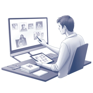 An artist is seated at a desk with a digital tablet in front of them. The artist is demonstrating techniques for multimedia illustration, pointing to the screen with a stylus in their right hand. A laptop is open, displaying various illustrations in progress. Several books on illustration techniques are stacked nearby. The artist has a focused expression, engaging with an audience of students visible on the screen in front of them. The classroom environment is equipped with art supplies scattered around, including sketch pads, markers, and brushes, enhancing the learning atmosphere.