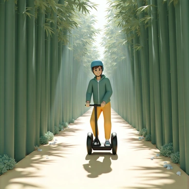 A rider, wearing a blue helmet and a green jacket, is confidently driving a Segway along a narrow path in a bamboo forest. Tall green bamboo stalks rise on either side of the path, creating a natural tunnel effect. Sunlight filters through the dense leaves, casting dappled shadows on the ground. The rider has a focused expression, leaning slightly forward as they maneuver the Segway. Small patches of vibrant greenery and scattered pebbles line the path, adding texture to the scene.