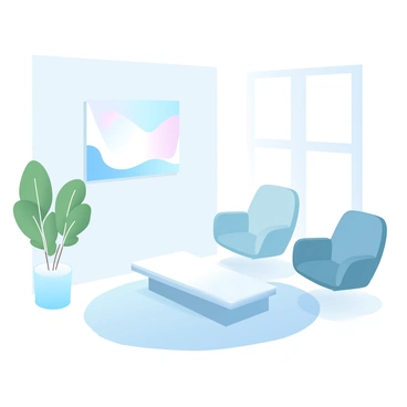 A clean, minimalist room featuring a large, light-colored wall adorned with a single abstract painting. In the center of the room, there is a low, modern coffee table made of white wood. A large, plush area rug in soft tones covers the floor beneath the table. A single green plant in a simple pot is placed in one corner, adding a touch of nature. The furniture consists of a couple of sleek chairs, each in a muted color, positioned around the coffee table. Soft, natural light filters through a large window, creating a serene ambiance.