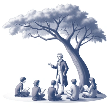Thomas Jefferson stands beneath a large oak tree, which provides a broad canopy of shade. He is dressed in 18th-century attire, including a waistcoat and frock coat, with his hair styled in a traditional manner. Surrounding him are a group of eager young students, both boys and girls, each holding notebooks and quills. They sit on the grass, some leaning forward in anticipation as they listen intently. The scene conveys a sense of education and enlightenment, with Jefferson gesturing as he speaks, perhaps discussing principles of democracy or philosophy. The oak tree's sturdy trunk and sprawling branches create a serene backdrop for this moment of learning.