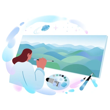 An artist is intently painting a vast landscape that stretches out beneath them. The artwork captures rolling hills, winding rivers, and expansive fields in a rich array of colors. The artist is using a palette with various shades to depict the land, and a brush poised in their hand. Surrounding the artist, a collection of paint tubes and brushes are scattered, showing the tools of their craft. Above the landscape, a satellite orbits in the background, emphasizing the perspective from space. A faint glow of distant stars is visible, adding a cosmic dimension to the scene.