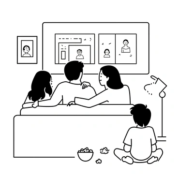 Family members gathered around a screen watching old home videos
