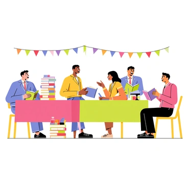 A lively book festival scene featuring several authors. Each author is sitting at a table, surrounded by stacks of colorful books. One author is smiling and signing a book for a reader, holding a blue pen. Another author is engaged in a conversation with a group of enthusiastic readers, gesturing animatedly. The readers are smiling, holding various books and asking questions. Banners with the words "Book Festival" are visible in the background, and there are small tables with refreshments scattered around the area.