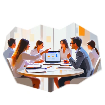 A business meeting setting featuring a round conference table with several participants engaged in discussion. In the center of the table, there are scattered notebooks, pens, and a laptop open displaying a presentation. Around the table, a diverse group of individuals is present, with two people at the forefront actively exchanging ideas. One person, with short hair and glasses, is pointing at a note while nodding, indicating agreement. Another participant, a woman with long hair and a blazer, is taking notes attentively, looking up with a thoughtful expression. In the background, other attendees are leaning in, displaying attentiveness and focus, contributing to a dynamic atmosphere of continuous feedback and collaboration.