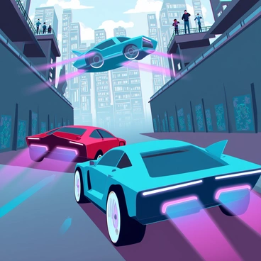 A high-speed chase scene unfolds in a bustling urban environment. Two sleek, futuristic cars race through narrow alleyways, their polished exteriors reflecting the vibrant city lights. One car is metallic blue with sharp angles and glowing neon underlights, while the other is a deep red with a streamlined design and a prominent rear wing. The alleyways are lined with graffiti-covered walls and scattered debris. Above, the scene shifts to city rooftops, where the cars leap from one rooftop to another, leaving trails of dust and sparks. Below, curious onlookers watch in astonishment as the chase intensifies, showcasing an atmosphere of energy and urgency.