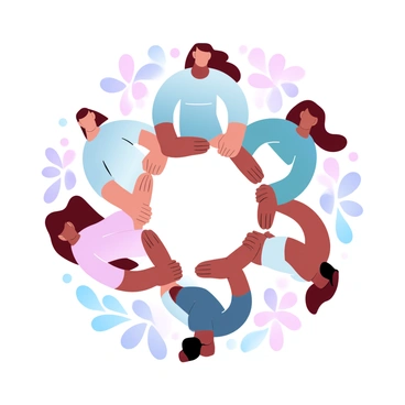 A group of diverse women is standing in a circle, each woman representing different ethnic backgrounds and wearing colorful clothing. They are holding hands firmly, showcasing their connection. The women's postures reflect confidence and solidarity, with some of them slightly leaning in towards each other, while others are standing tall. A series of stylized floral patterns surrounds the circle, enhancing the theme of unity and strength. The overall composition conveys a sense of harmony and togetherness among the women.