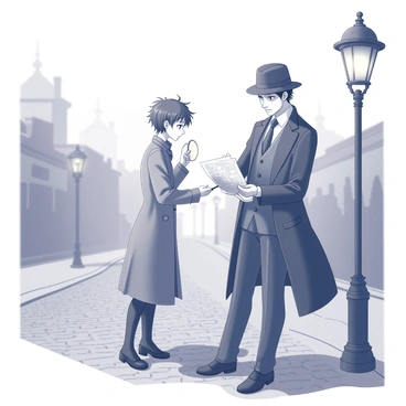 Two anime-style detective characters are engaged in an investigation in a foggy town. One character is a young woman with short, spiky hair, wearing a long trench coat and holding a magnifying glass. The other character is a tall man with slicked-back hair, dressed in a fedora and a suit, examining a map on a lamppost. The background features blurred outlines of old buildings and street lamps partially obscured by thick fog. Shadows are cast on the cobblestone streets, enhancing the mysterious atmosphere of their surroundings.