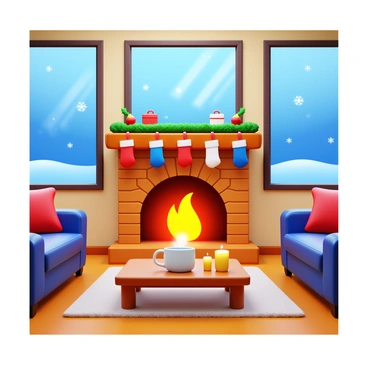 A cozy living room featuring a decorated fireplace mantle. The mantle is adorned with holiday decorations, including garlands and stockings. A warm fire is crackling in the fireplace, casting a soft glow. The room has a comfortable couch with plush cushions, and a thick area rug lies on the wooden floor. Large windows reveal a snowy landscape outside, with snowflakes gently falling. A coffee table in front of the couch holds a steaming mug and a few festive candles.