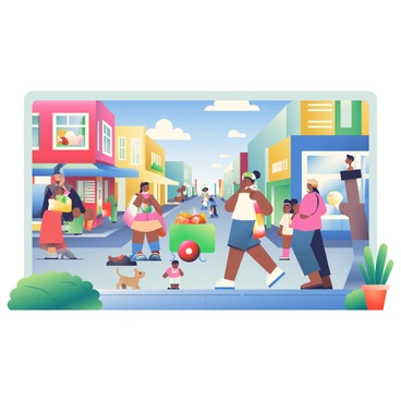 A medium-sized wall features a vibrant street mural that captures a lively urban scene. In the mural, there are colorful buildings with red, blue, and yellow facades. People are walking along the sidewalk, some holding shopping bags and others engaged in conversation. A street vendor with a green cart is selling fresh fruits, and a small dog is seen playfully interacting with a child. Above, a clear blue sky with fluffy white clouds provides a bright backdrop to the bustling city life. The mural is framed by greenery with potted plants at the base of the wall, adding to the dynamic atmosphere.