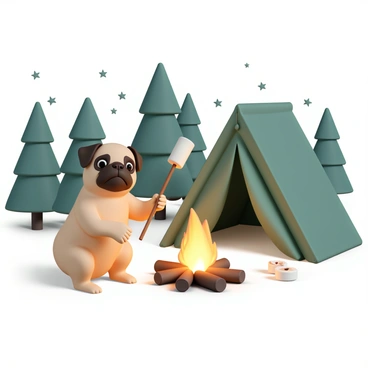 A small pug, with a fawn-colored coat and a wrinkled face, is sitting on its hind legs, holding a long stick with a marshmallow over a glowing campfire. The fire crackles, sending small sparks into the night air. The pug's eyes are bright and focused on the marshmallow, which is slightly browned. In the background, there is a green camping tent with its zipper partially open, set against a backdrop of tall pine trees under a starry sky. The scene is illuminated by the warm light of the fire, casting soft shadows around the pug.