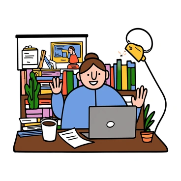 A virtual book launch event featuring an author with light skin and short brown hair speaking from a home office setup. The author is wearing a blue shirt and sitting at a wooden desk cluttered with books and a potted plant. Behind them, there is a bookshelf filled with various colorful books and a framed picture on the wall. The author's expression is animated as they engage with their audience through a laptop camera, with some notes in front of them and a cup of coffee nearby.