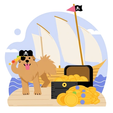 A cartoon dog dressed as a pirate on a ship, looking through a telescope