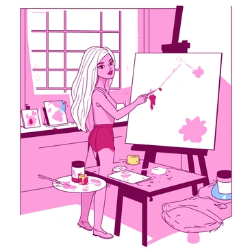A pink Barbie with long blonde hair is standing in front of a large white canvas in a cozy art studio. She is holding a paintbrush in her right hand, poised to add color to the canvas. The studio is filled with various containers of colorful paints, including shades of red, blue, and yellow, arranged neatly on a wooden table beside her. Sunlight streams through a large window, illuminating the space and casting soft shadows. Several small, completed canvases are propped against the walls, showcasing Barbie's artistic creations.