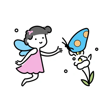 A small fairy with translucent wings, wearing a dress made of delicate petals, is hovering close to a large butterfly. The butterfly has vibrant patterns in shades of blue, orange, and yellow on its wings. The fairy is reaching out with her hand, as if to touch the butterfly, which is perched on a blooming flower. The background features simple green leaves and soft, abstract shapes that suggest a natural, outdoor setting.