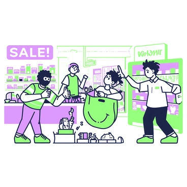 A cartoon robbery in progress with exaggerated expressions and chaotic energy inside a store.