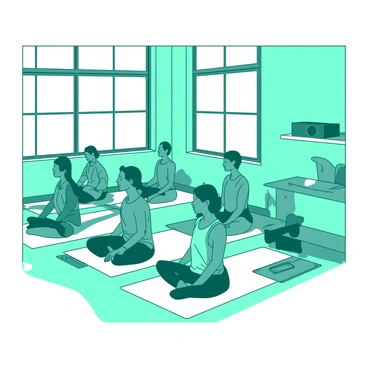 A serene yoga studio where individuals practice yoga while meditating to calming music.