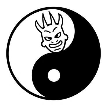 A "hannya mask" is positioned at the top half of a "yin-yang symbol." The mask features intricate details, with sharp horns and an expressive, dynamic face that conveys intensity. The bottom half of the "yin-yang symbol" is a smooth black section, contrasting with the white of the mask. The mask's features and patterns have been simplified to fit the minimalistic style, while both halves of the "yin-yang symbol" are clearly defined, emphasizing the concept of "balance."