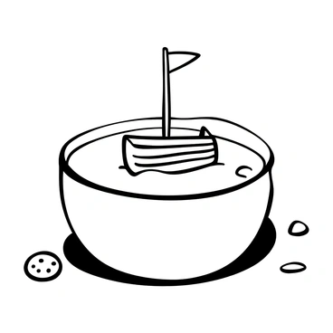 A small toy boat crafted from crackers is floating gently in a bowl of milk. The boat features a simple sail made from a piece of paper, standing upright in the center. Surrounding the boat, the surface of the milk is smooth and reflects the light. A couple of cookie crumbs are scattered around the edges of the bowl, creating a contrast with the white milk. The bowl is placed on a wooden table, adding texture to the scene.