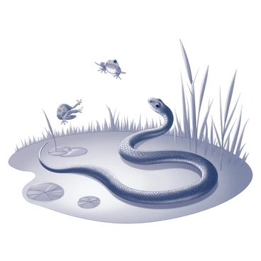 A snake is coiled close to the edge of a pond, its scales glistening in the light. The snake has a long, slender body, with its head raised slightly as it watches its surroundings. Nearby, a frog is mid-hop, with its legs extended and positioned above the ground, creating a sense of motion. The pond has a smooth surface, with gentle ripples reflecting the surrounding foliage. Water lilies float on the pond, and tall grass sways gently in the breeze, providing a natural habitat for both creatures.