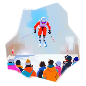 A daring ski jumper with a vibrant red ski suit is captured mid-air, gracefully soaring above a crowd of enthusiastic spectators. The jumper's arms are extended for balance, and his skis are angled downwards. Below, a diverse group of spectators, including adults and children, are gazing up in awe, with a mix of expressions ranging from excitement to astonishment. Snow blankets the ground, and a bright blue sky serves as the backdrop, enhancing the thrilling atmosphere of the moment. The scene is filled with energy, capturing the excitement of the ski jumping event.