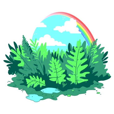 A field is filled with vibrant green ferns, their leaves glistening with droplets of water after a recent rain shower. In the background, a bright rainbow arcs across the sky, its colors vividly transitioning from one end to the other. The sun breaks through the clouds, illuminating the ferns and creating a fresh, lively atmosphere in the scene. The ground is slightly damp, reflecting the lush greenery of the ferns in small puddles.