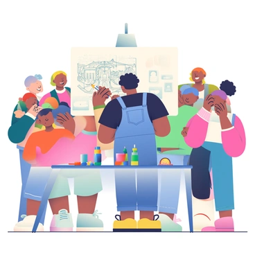 An expert illustrator with medium skin and short black hair is standing at a large drawing board, creating a detailed illustration during a live event. The illustrator is wearing a black t-shirt and denim overalls, focused on their work with a pencil in hand. In front of the illustrator, vibrant inks and colored pencils are spread out on a table. The audience, consisting of a diverse group of individuals with various hairstyles and clothing styles, is gathered around, watching intently with expressions of admiration and curiosity. Some audience members are holding smartphones, capturing the moment, while others lean in closer to get a better view of the artwork in progress. The atmosphere is lively, with soft lighting highlighting the illustrator and the drawing board.