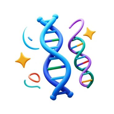 A 3D icon of a DNA polymerase enzyme, designed in a dynamic and engaging way. The structure of the enzyme is depicted with intricate details, highlighting its active site. Surrounding the enzyme are swirling shapes and strands of colorful DNA, representing the polymerization process. The colors used are vibrant and varied, creating a lively composition that conveys movement and energy.