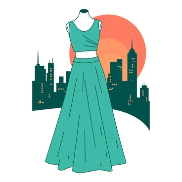 A teal lehenga is displayed on a mannequin, featuring minimalist designs with clean lines and subtle geometric patterns. The lehenga is paired with a matching teal crop top that complements the overall look. In the background, there is a city skyline featuring tall buildings outlined against a contrasting orange sunset. The skyline showcases a mix of modern architecture, with a few windows reflecting the warm orange light. The overall composition emphasizes the fusion of traditional attire with contemporary urban aesthetics.