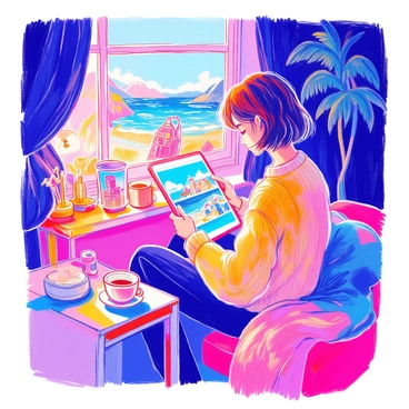 A person is seated in a dimly lit room, absorbed in scrolling through vacation photos on a tablet. The person has short brown hair and is wearing a comfortable sweater. The tablet screen is brightly illuminated, showcasing colorful images of beaches, mountains, and cityscapes. There is a soft glow from a nearby lamp, casting gentle shadows around the room. A cozy blanket is draped over the person's lap, and a small side table holds a steaming mug. Various travel souvenirs are visible in the background, adding to the vacation theme.