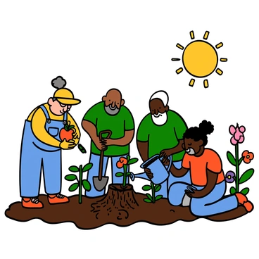 A group of elderly friends working together in a community garden on a sunny Wednesday morning. There are four individuals: a light-skinned woman with gray hair styled in a bun wearing a yellow sun hat, denim overalls, and gardening gloves, carefully pruning a tomato plant. Next to her, a dark-skinned man with a bald head and a green shirt is digging in the soil with a shovel. A light-skinned man with a white beard is watering the plants with a blue watering can, while a dark-skinned woman with curly hair is kneeling beside him, planting colorful flowers. The sun is shining brightly, casting soft shadows, and the garden is vibrant with various plants and flowers in full bloom.