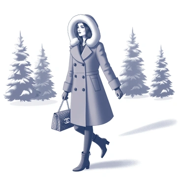 A woman is walking through a snowy landscape. She is bundled in a stylish winter coat with a fur-lined hood that frames her face. In her right hand, she is carrying a "Chanel" bag, which has the classic quilted design and chain straps. The snow is gently falling around her, creating a soft white blanket on the ground. The scene captures the contrast between the elegance of her attire and the serene winter environment. Tall evergreen trees dusted with snow stand in the background.