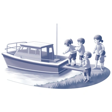 A group of children standing on the riverbank, eagerly preparing to board a small ferryboat. The ferryboat has a simple design with a flat deck and a railing around its perimeter. The children are wearing casual clothing, and their expressions show joy and excitement. Some children are holding onto each other while others are stepping onto the gangplank. The rural river flows gently beside them, with green vegetation lining the banks. The sky is clear, and the scene captures the lively atmosphere of the moment.