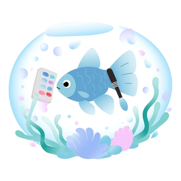 A colorful guppy is submerged underwater, surrounded by swirling bubbles and vibrant coral. The guppy is delicately holding a tiny brush in its fins, with a small palette of colors nearby. Wisps of green seaweed drift around, framing the scene and adding movement. The water is a gradient of blue and teal, enhancing the serene underwater atmosphere. Tiny, playful fish swim in the background, creating a lively backdrop to the guppy's creative endeavor.