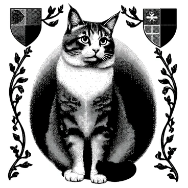 A noble cat is seated regally at the center of the tapestry. It has large, expressive eyes that capture attention, showcasing a sense of intelligence and curiosity. The fur is detailed, with a thick texture that highlights its elegant stature. Intricate patterns surround the cat, including vine motifs and shields, all woven into the fabric in a distinct style. The background features stylized elements reminiscent of a medieval setting, enhancing the overall composition of the tapestry.