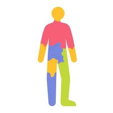 A figure with a humanoid shape made up of various colored patches. Each patch is a different color, representing different emotions and fears. There are bright red patches to signify anger, deep blue patches for sadness, vibrant yellow for joy, and dark green for envy. The figure stands against a plain backdrop, showcasing the distinct colors and patches clearly. The patches are irregularly shaped, creating a textured appearance across the figure's body.